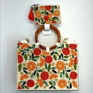 Sol And Mer | Orange Citrus Beaded Tote Bag w/Crossbody & Matching Wallet